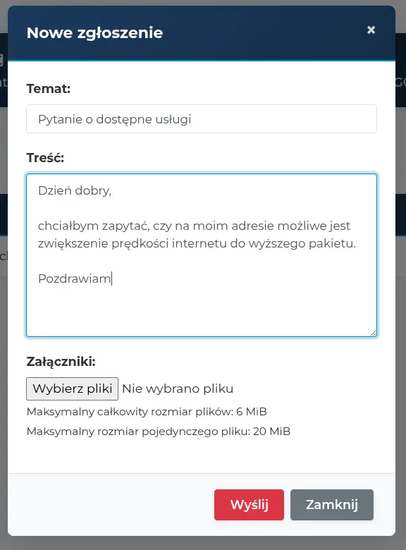 Formularz nowego zgłoszenia w eBOK